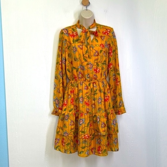 Nanette Lepore - Multi Colorful Floral Gold Boho Long Sleeve Midi Dress Size 6 - Picture 2 of 15